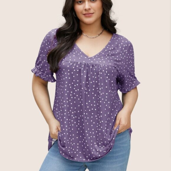 BloomChic Plus Size XL Polka Dot Print Gathered Frill Trim T-shirt us14-16 - Picture 1 of 3
